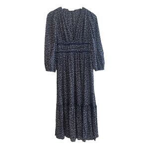 Max Studio Navy Blue Floral V-Neck Tiered Midi Dress